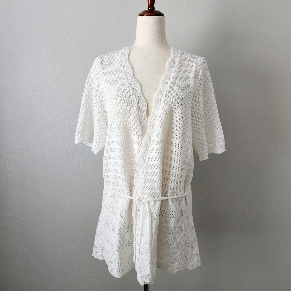 Blair Open Knit White Top/Swim Cover Up With Open Front & Waist Tie, Size Large